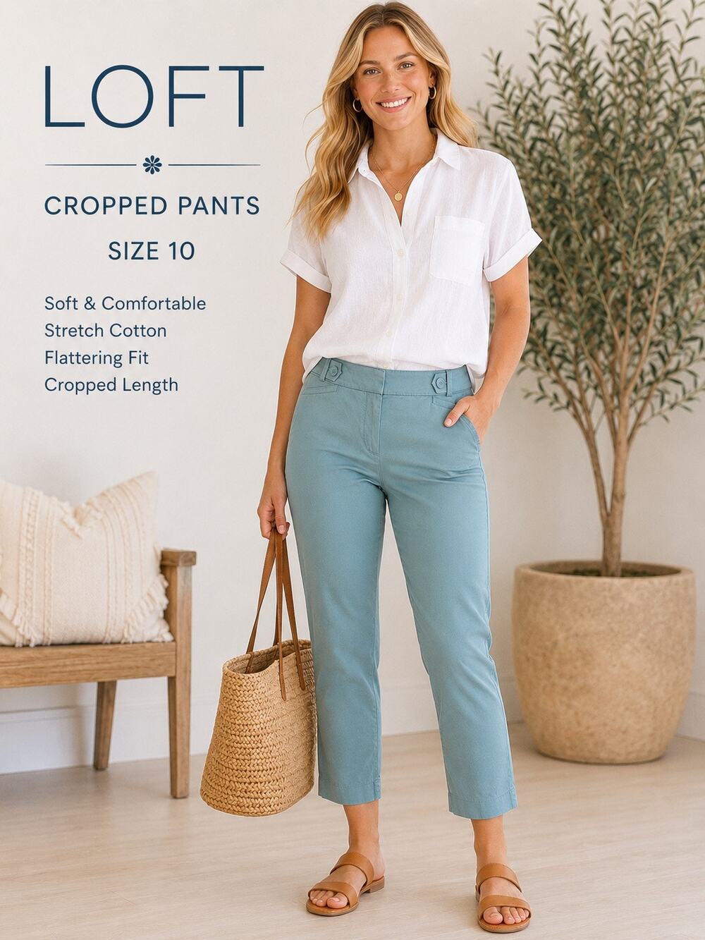 LOFT Women’s Size 10 Blue Teal Cropped Straight Leg Stretch Cotton Classic Pants